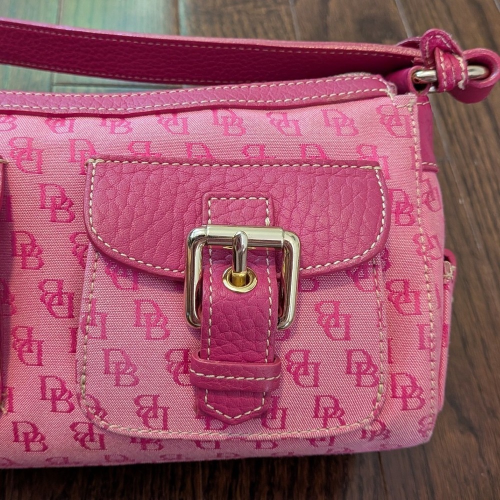 Vintage Dooney & Bourke Pink Y2K DB Monogram Canvas Leather Buckle Shoulder Bag - Picture 8 of 16